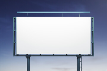 Blank white horizontal billboard on blue sky background at night, front view. Mock up, advertising...
