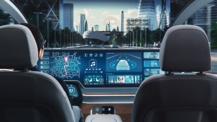 Futuristic Concept: Stylish Businessman Using Navigation App on an Augmented Reality Dashboard with...