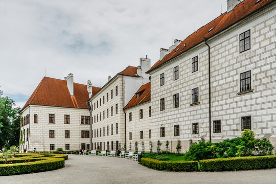 Trebon, Czech Republic.Renaissance chateau with baroque fountain surrounded by magnificent English style park.Castle in popular spa town,South Bohemia.National Cultural Monument.Spring sightseeing.