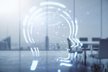 Abstract virtual artificial Intelligence interface with human head hologram on a modern conference room background. Multiexposure
