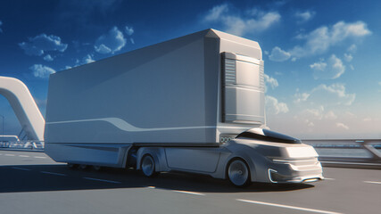 Futuristic Technology Concept: Autonomous Self-Driving Truck with Cargo Trailer Drives on the Road with Scanning Sensors. 3D Zero-Emissions Electric Lorry Driving Fast on Scenic Highway Bridge.