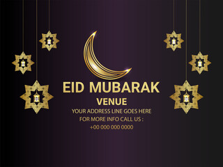 Eid mubarak islamic festival invitation greeting card with golden lantern and moon