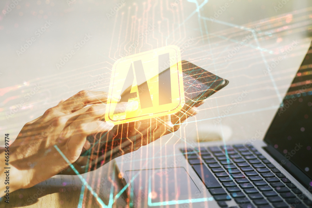 Aufkleber double exposure of creative artificial intelligence icon with finger clicks on a digital tablet on b