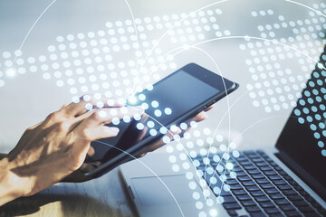 Abstract creative world map with connections and finger clicks on a digital tablet on background, international trading concept. Multiexposure