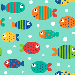 Colorful cute hand drawn fish cartoon seamless pattern.