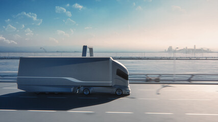 Futuristic Technology Concept: Autonomous Self-Driving Truck with Cargo Trailer Drives on the Road...
