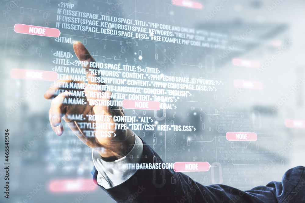 Aufkleber multi exposure of businessman hand clicks on abstract graphic coding sketch on blurred office backgr