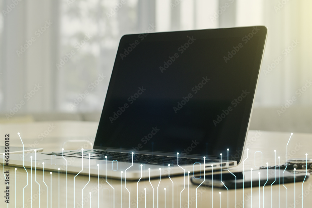 Aufkleber double exposure of circuit hologram on laptop background. research and development hardware concept