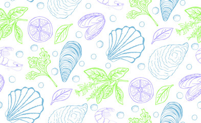 Vector hand drawn seafood seamless pattern with mussel, fish salmon and shrimp. Lobster, squid, octopus, scallop, lobster or craps, mollusk, oyster, alfonsino and tuna for product market.