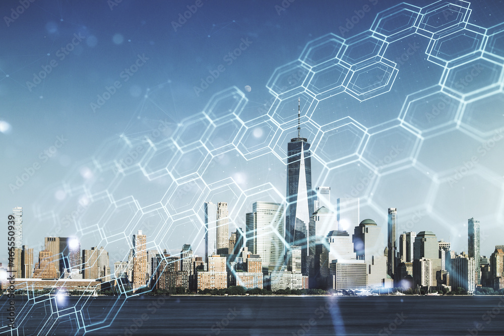 Poster double exposure of abstract virtual technology hologram with hexagon on new york city skyscrapers ba