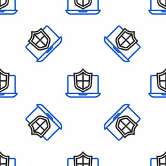 Line Laptop protected with shield icon isolated seamless pattern on white background. PC security, firewall technology, privacy safety. Colorful outline concept. Vector