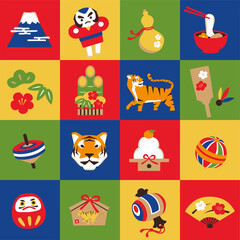 Icon Set of New Year's greeting card for the year of the tiger. Chinese zodiac illustration. Japanese New Year. hand drawn items, vector design, seamless, Tapestry...