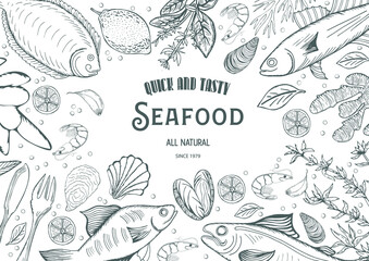 Vector illustration sketch - fish marketCard menu seafood. vintage design template, banner.