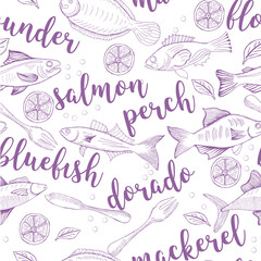 Vector illustration sketch - fish marketCard menu seafood. vintage design template, banner.