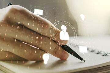 Social network concept with man hand writing in notebook on background. Multiexposure