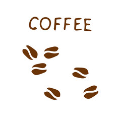 Brown hand drawing illustration of coffee beans with lettering Coffee on a white background