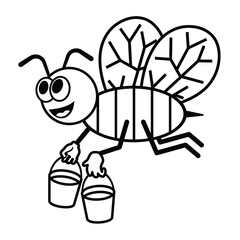 cute bee holding buckets with honey, coloring book, vector illustration 