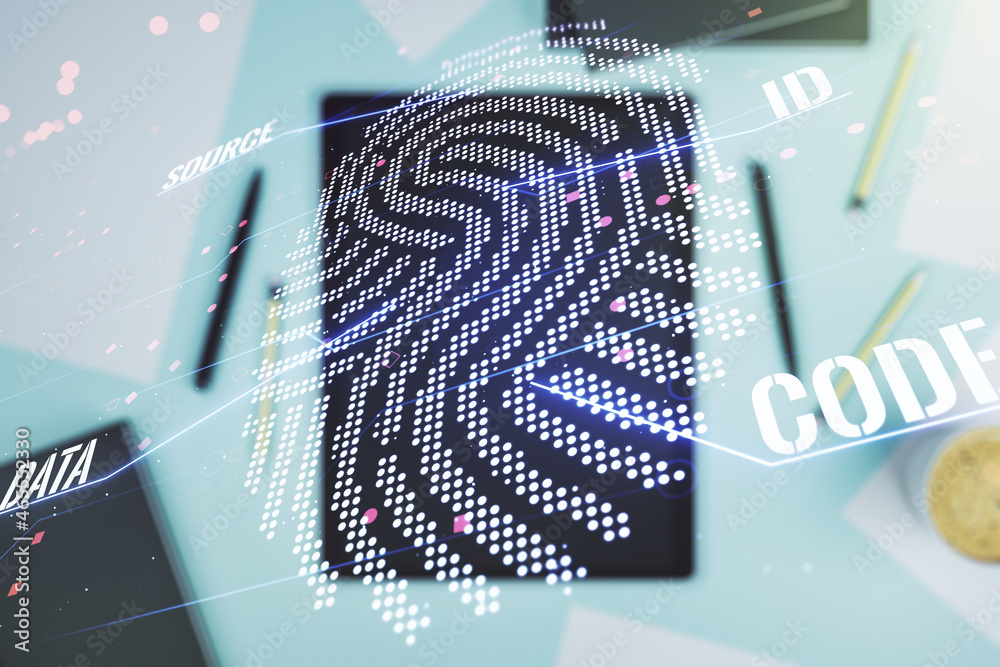 Fototapete Multi exposure of abstract graphic fingerprint sketch and modern digital tablet on desktop on background, top view, fingerprint scan data concept