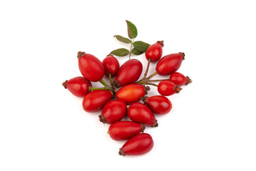 The rosehip isolated on white background. Fresh raw berries with leaves.