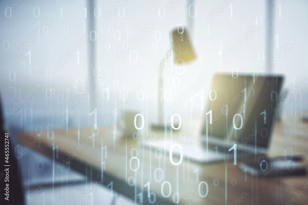Poster creative concept of binary code illustration on modern laptop background. big data and coding concep