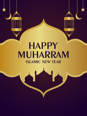 Happy muharram celebration party poster with golden lantern