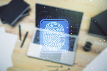 Multi exposure of abstract graphic fingerprint sketch on modern computer background, fingerprint scan data concept