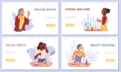Beauty and skincare routine landing page templates set. Women applying cleansing and moisturizer cosmetic products.