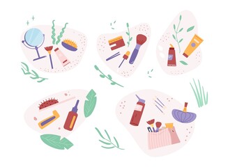 Beauty routine and skincare cosmetic products and accessories flat vector illustrations set.