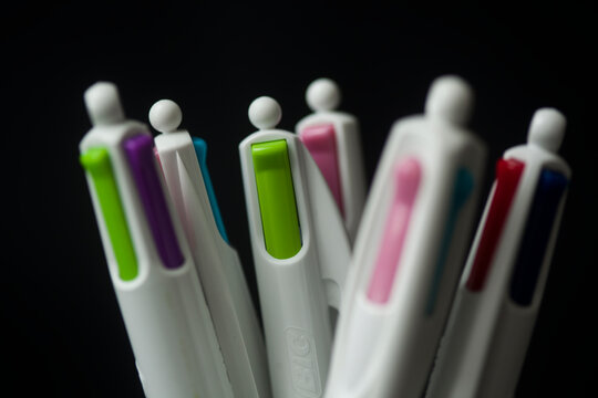 Blue plastic ballpoint pen . High quality photo
