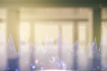 Multi exposure of abstract statistics data hologram interface on abstract empty interior background, computing and analytics concept