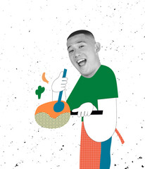 Contemporary art collage of joyful man with drawn body element cooking isolated over textured white...