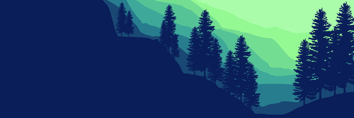 forest at mountain cliff flat design vector banner template good for web banner, ads banner, tourism banner, wallpaper, background template, and adventure design backdrop