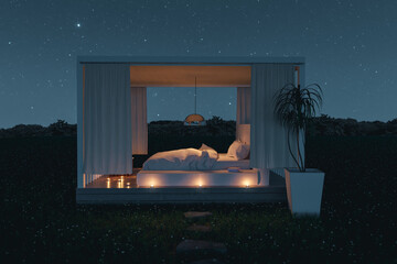 3d rendering of white patio roof with white bed outside at green meadow under starry night sky - obrazy, fototapety, plakaty