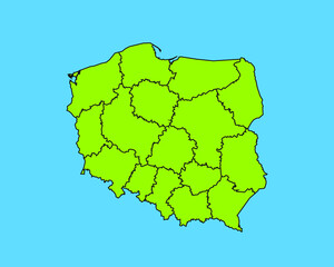 Modern Green High Detailed Border Map Of Poland, Isolated on Blue Background Vector Illustration