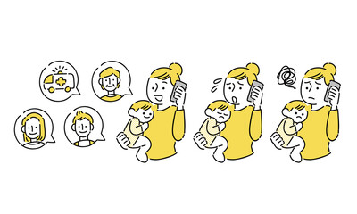 子供を抱っこしてスマホから電話をかける母親
