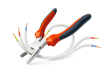 Pliers and electric cable. Manual instrument. Isolated on white background. Eps10 vector illustration.