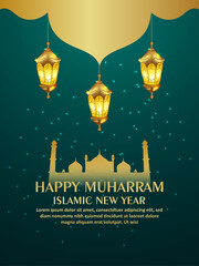 Happy muharram islamic new year with golden lantern on creative background