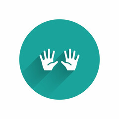 White Medical rubber gloves icon isolated with long shadow. Protective rubber gloves. Green circle button. Vector