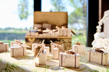 Beautiful wedding favors on a table in a decorated venue