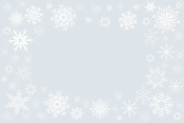 Winter vector background, white snowflakes frame on light gray, Christmas design template, copy space