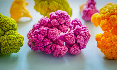 Colored cauliflower. Green, yellow and purple cauliflower heads