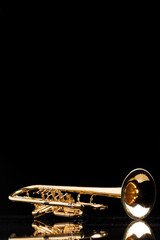 A gold plated rotary trumpet on a reflective surface. A brass instrument common in classical music.
