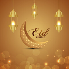 Realistic eid mubarak background with golden moon and lantern