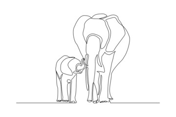 Continuous line of baby elephant and mom. Single one line art parent elephant and kids vector illustration