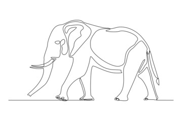 Continuous line of walking standing elephant. Single one line art of wild elephant. Vector illustration