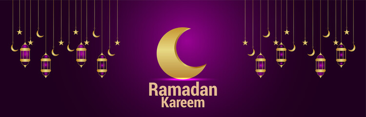 Obraz na płótnie Canvas Ramadan kareem islamic festival banner or header with arabic golden lantern and moon