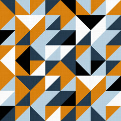 Seamless abstract geometric pattern. Mustard, blue, white and black polygons.