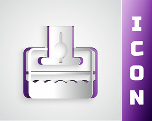 Paper cut Donate or pay your zakat as muslim obligatory icon isolated on grey background. Muslim charity or alms in ramadan kareem before eid al-fir. Paper art style. Vector