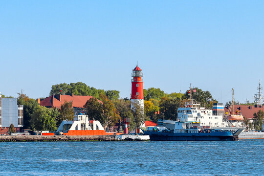 View of the city of Baltiysk from the Vistula Spit. Lighthouse. Ferries