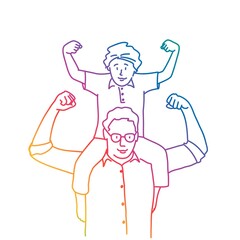 Boy sits on shoulders, dad and son show a gesture of strength.